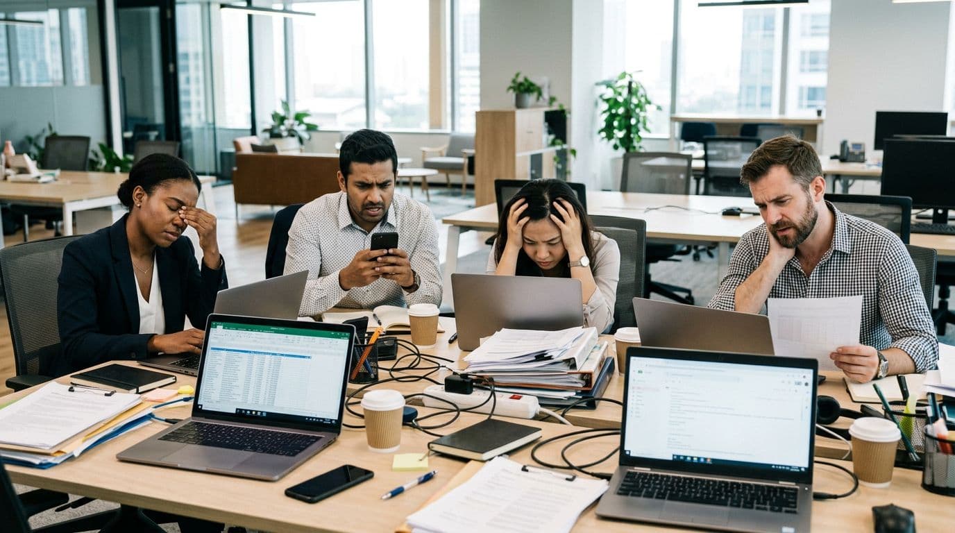 A diverse team of four professionals appears overwhelmed by stress in a busy modern open-plan office with cluttered desks featuring laptops, papers, and coffee cups. They show tense facial expressions like rubbing foreheads and frantically checking phones under bright daylight from windows.