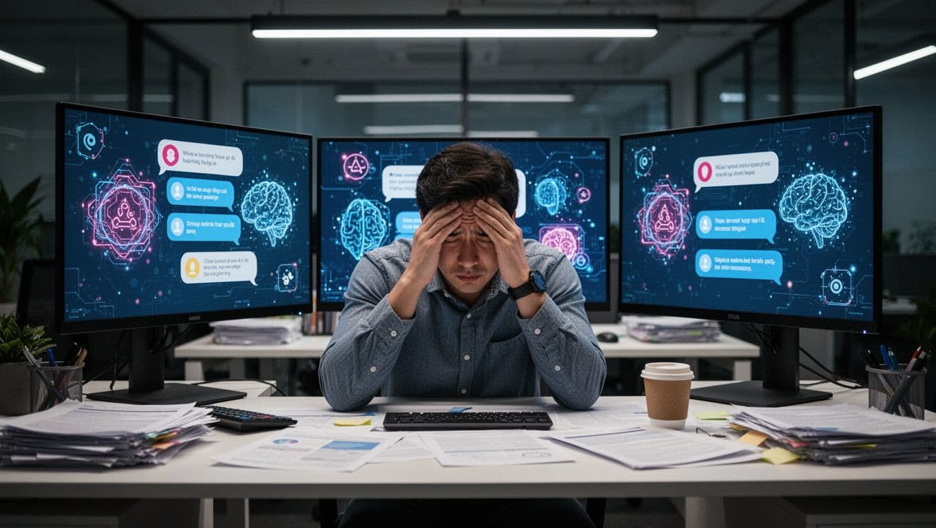 A single person sits at a modern office desk, appearing overwhelmed and rubbing their forehead with both hands, surrounded by three computer screens displaying abstract notification icons and AI chat bubbles. The cluttered desk includes papers and a coffee cup under dim overhead lighting, in a realistic photography style.