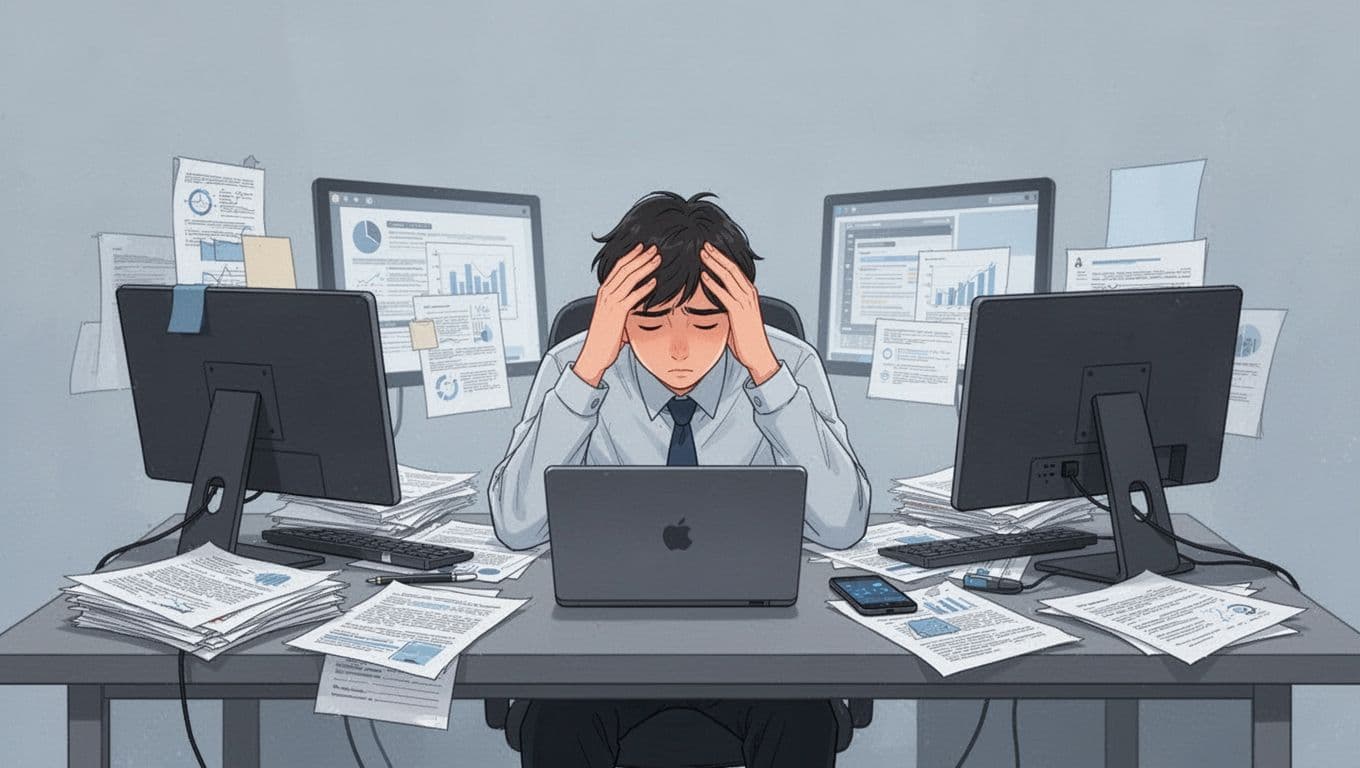 A single young professional is overwhelmed at their desk, surrounded by multiple screens and papers, with hand on forehead, slumped posture, and tired eyes in a cluttered workspace indicating work pressure.