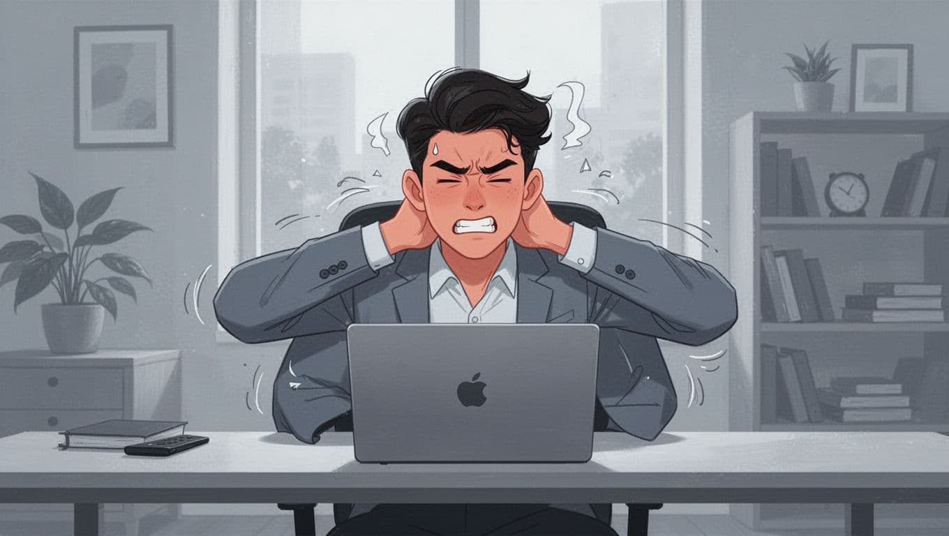 A young professional at a home office desk shows tension with raised shoulders, clenched jaw, and hand rubbing neck while staring stressed at a laptop, capturing daily fatigue.