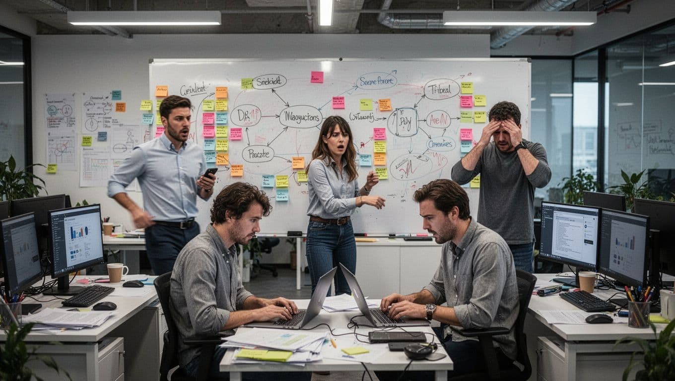 Dynamic photorealistic image of exactly three overwhelmed startup team members in a modern open office, surrounding a whiteboard with sticky notes and diagrams—one pacing with a phone, one typing frantically on a laptop, one rubbing eyes amid cluttered desks with multiple screens, conveying chaos and overload.