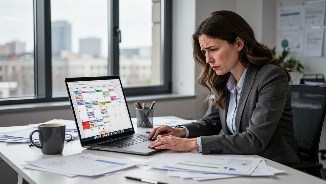 An exhausted professional woman in a modern office stares at a crowded calendar on her laptop screen, with coffee mug and papers on her desk, natural window lighting.