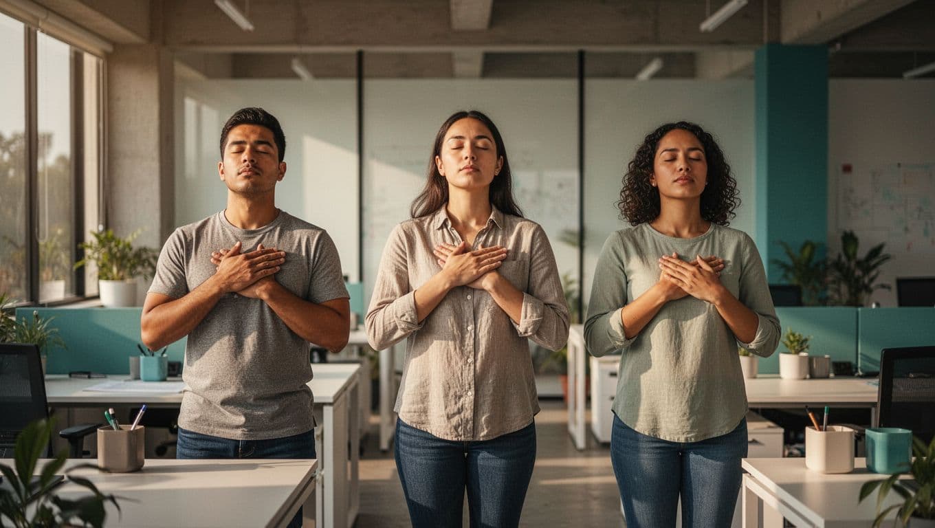 Secuencia ilustrada de pasos para cambiar proveedor NOM-035: revisión documentos, notificación STPS, elección Pausa, equipo calmado respirando en oficina México, flechas #14B8A6 conectando pasos.