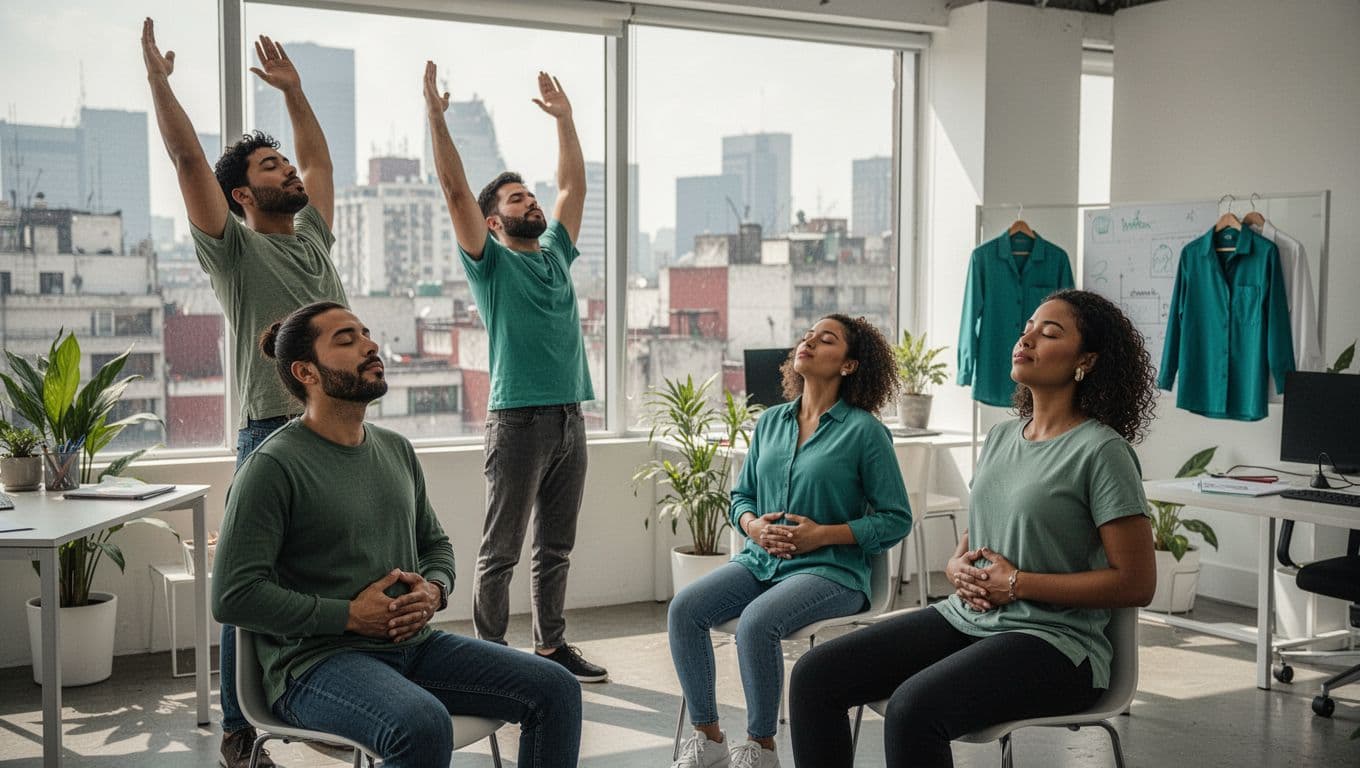 Ilustración moderna de exactamente cuatro empleados diversos en una oficina luminosa en CDMX con vistas urbanas, practicando pausa activa grupal: dos estirando brazos de pie y dos respirando profundo sentados.