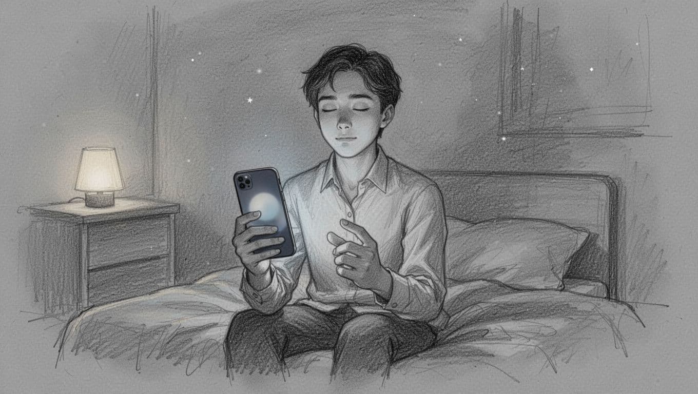 A young professional sits on a bed in a minimal night scene, holding a phone with the Pausa app open, eyes closed in calm breath. Hand-drawn graphite sketch with light shading on light gray paper, monochromatic grays.