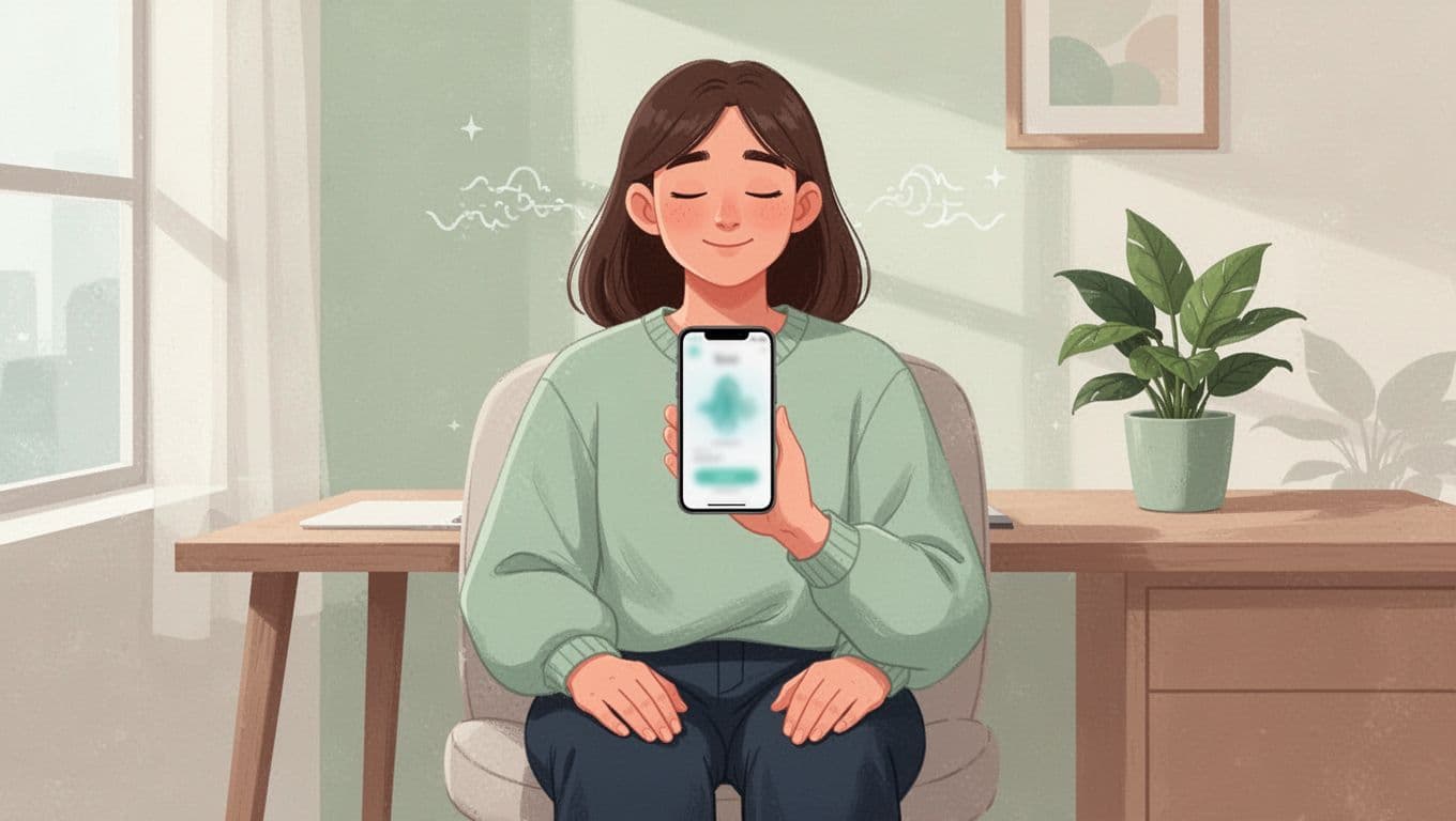 A young professional seated in a cozy home office, holding a smartphone with a blurred breathing app interface, eyes closed in deep relaxation with soft shoulders and a peaceful smile, green plant nearby.