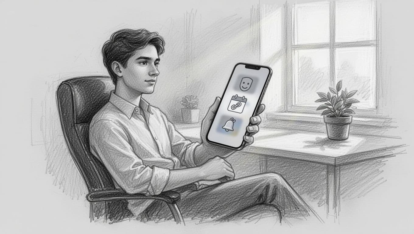 A young professional relaxes in a home office chair holding a smartphone at a slight angle, its blurred screen showing Pausa app icons for mood tracking, program, streaks, and SOS amid soft natural light and a desk plant, rendered in hand-drawn graphite sketch style on a light gray background.