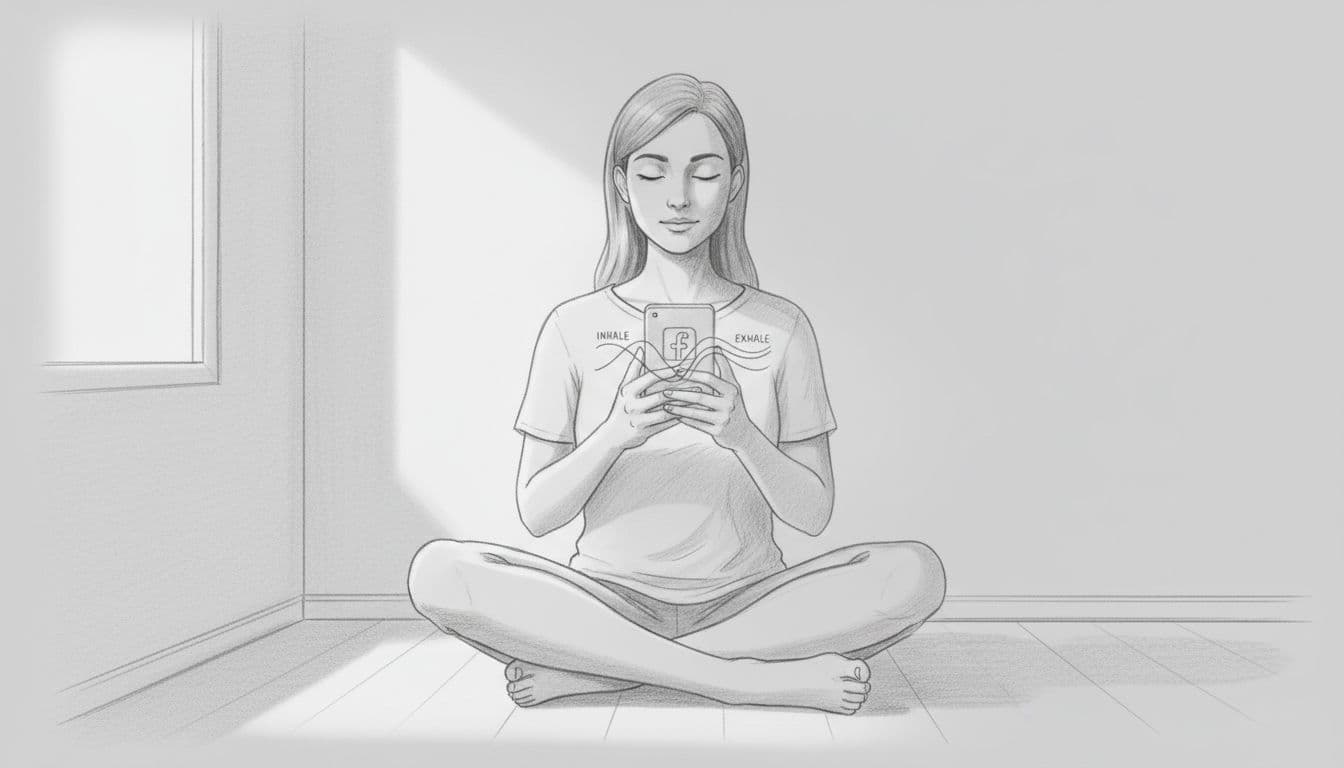 Hand-drawn graphite sketch of a calm person sitting cross-legged on the floor, holding a phone loosely at chest level with breathing waves overlaying a locked social media icon, eyes closed in focus.