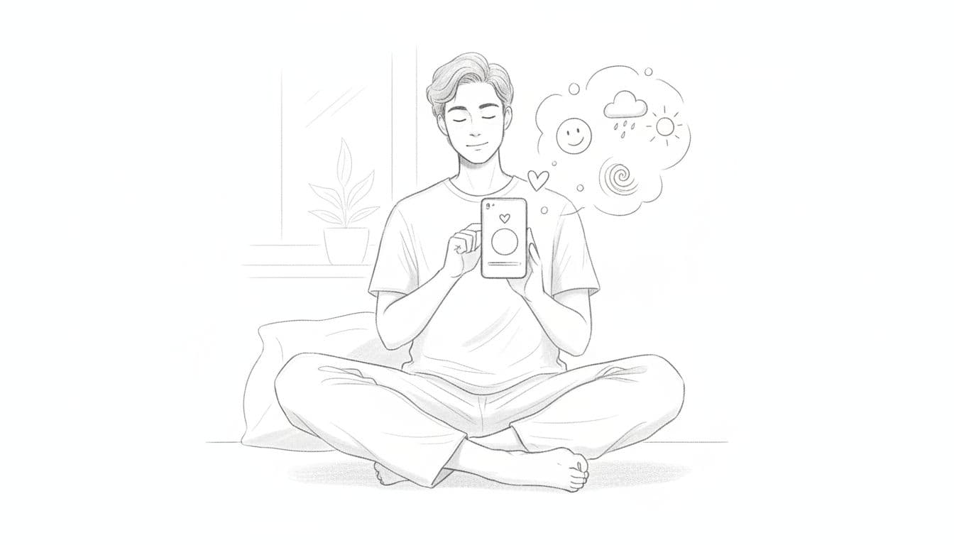 Hand-drawn sketch of a young professional in relaxed sitting pose, holding phone at slight angle to check mood on Pausa app before breathing session, with simple icons and minimal background.