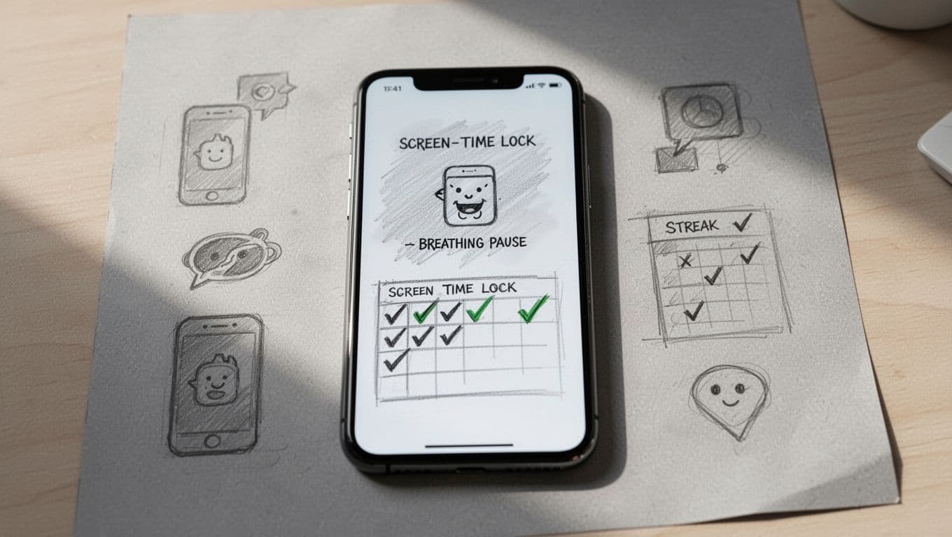 Hand-drawn sketch of a smartphone screen displaying a screen time limit reached on a social media app, featuring a subtle breathing pause prompt and adjacent progress streak calendar with checkmarks, set on a desk.
