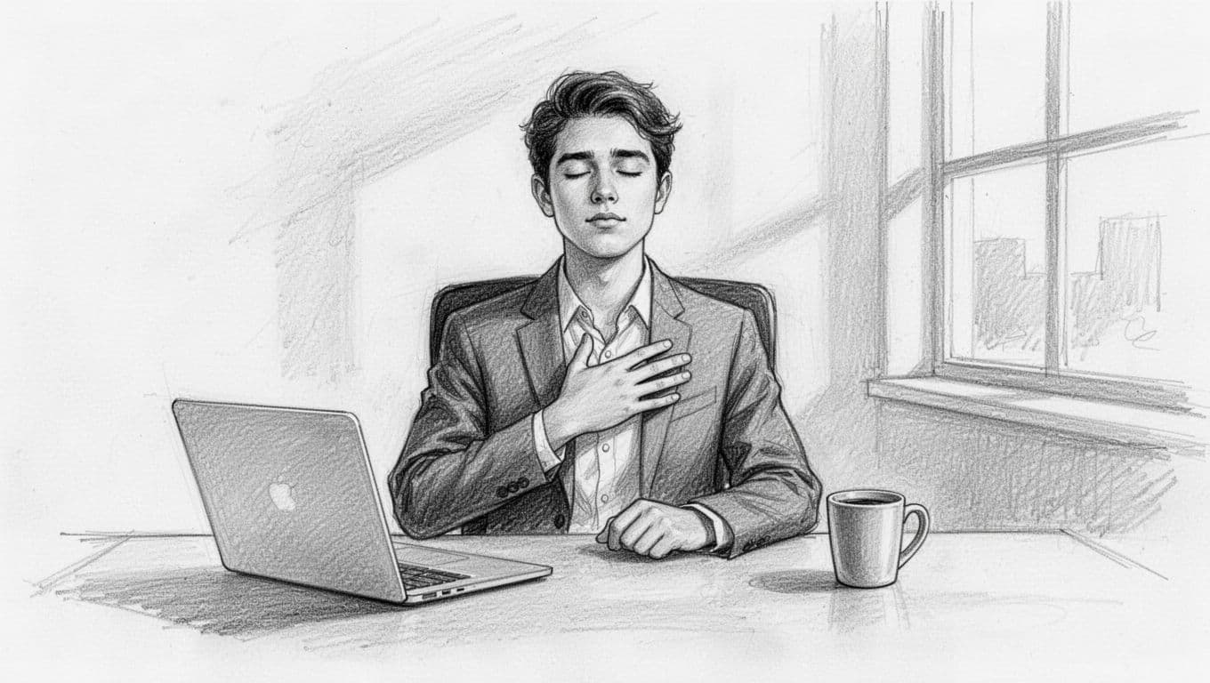 Exactly one young professional at a desk in an office, pausing with hand on chest, eyes closed, tense shoulders relaxing, simple workspace with laptop and coffee mug in background. Hand-drawn sketch style with graphite linework, light shading, clean white paper background.