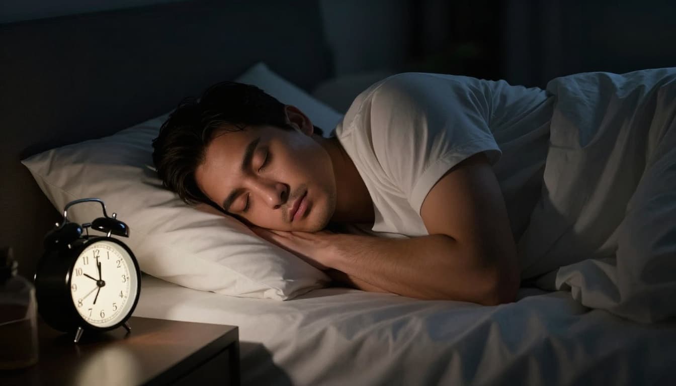 A single calm business executive lies asleep in a dark serene bedroom, with an alarm clock on the nightstand showing 7 AM and soft moonlight through the window, peaceful expression in realistic style.