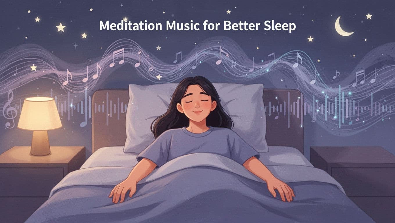 One person lies peacefully in bed at night with eyes closed, surrounded by soft ambient music waves and stars suggesting soothing meditation for sleep. Modern illustration in soft purple-blue pastels with dim bedside lighting.