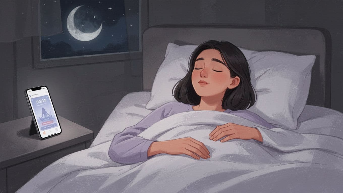 A person lies peacefully in bed with white sheets, eyes closed in serene expression, phone on nightstand showing blurred relaxation routine screen, dim moonlight-lit room in modern illustration style with clean shapes and soft lavender-gray tones.