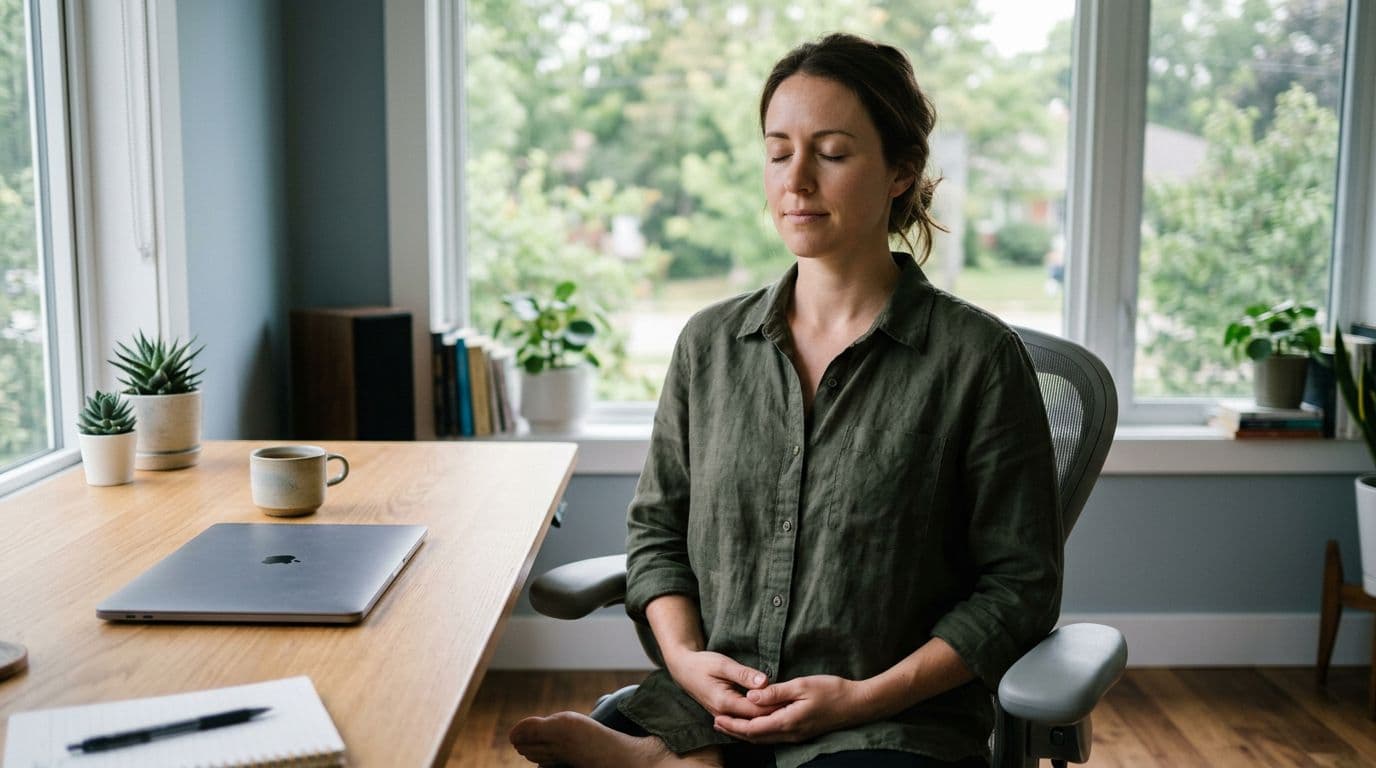 A person seated at a modern office desk performs box breathing with softly closed eyes, relaxed hands in lap, and upright posture in a remote work environment with a closed laptop and soft natural light from a window.