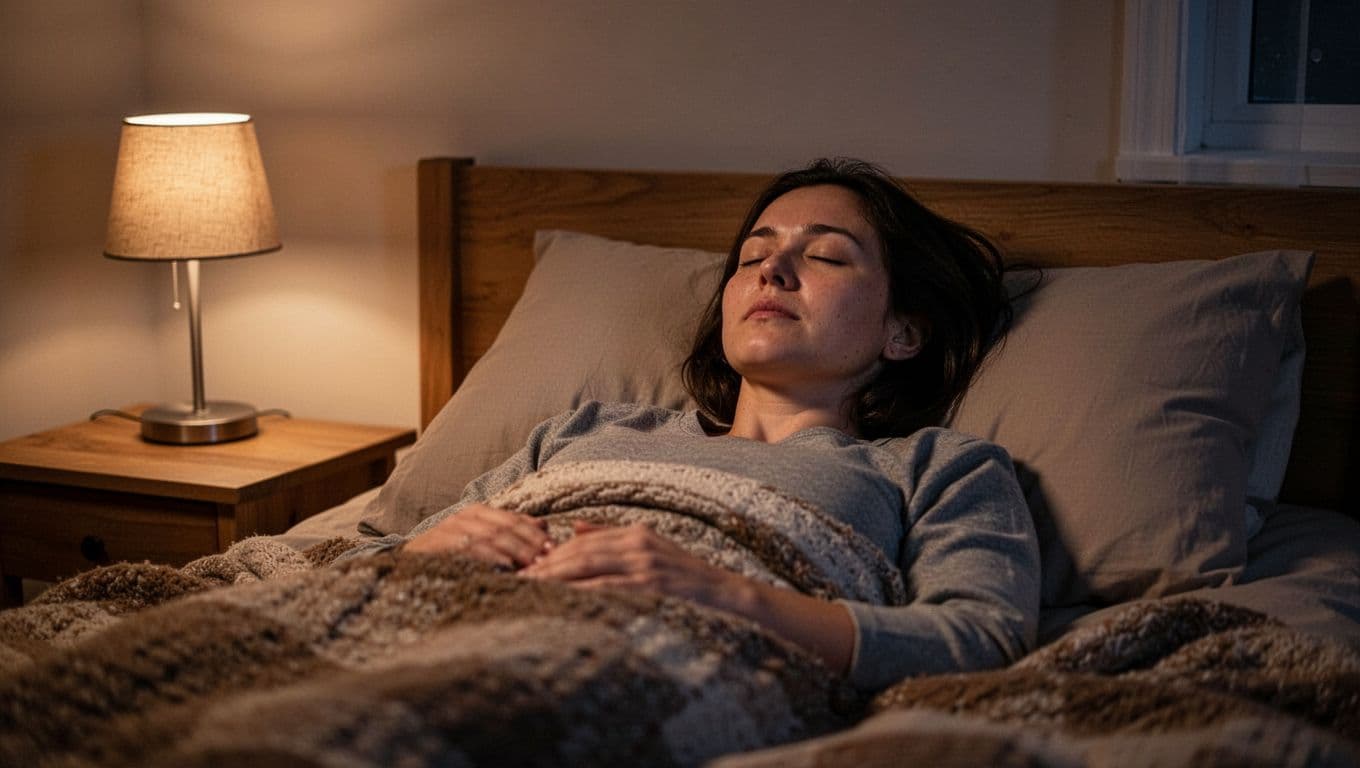 A person lies in bed at night with eyes closed, practicing a breathing exercise, displaying a calm and relaxed face in a simple bedroom with dim lamp light and cozy bedding.