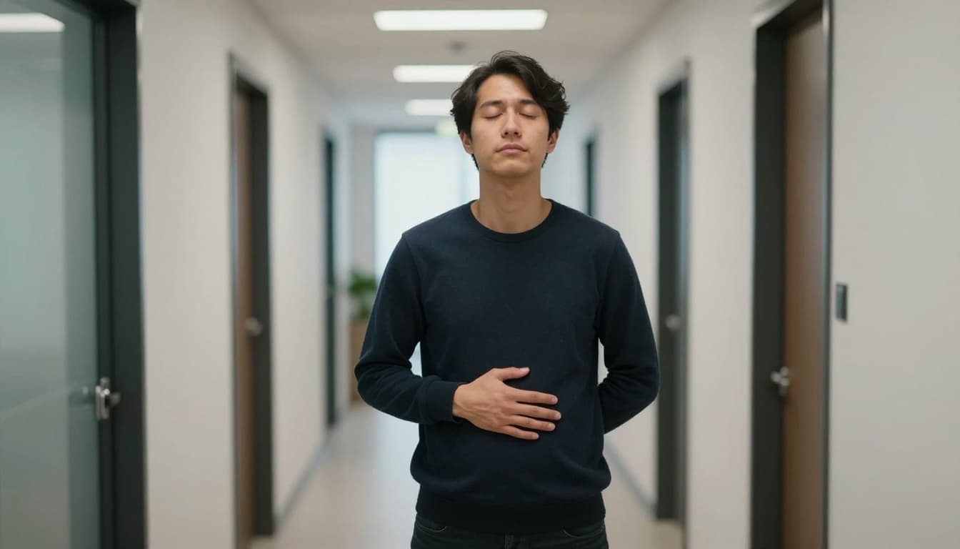 A person stands in a quiet modern office hallway before a presentation, hand on belly, eyes closed, inhaling deeply with a calm expression. Close-up on upper body and face in soft natural daylight.