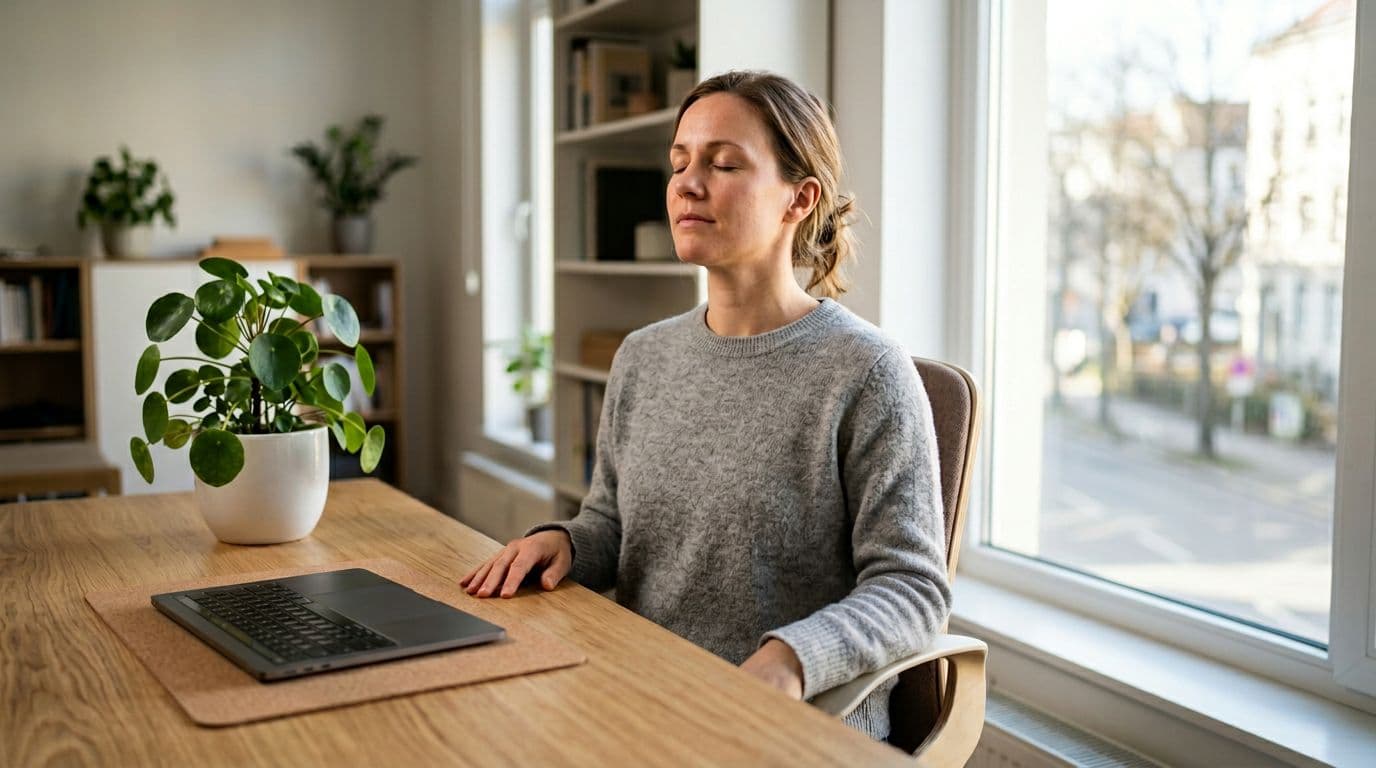 A lone person at an office desk breathes deeply with eyes closed and hands resting on knees in a calm setting featuring a sunny window, nearby plant, and closed laptop nearby. Photorealistic style with soft natural lighting and close composition, no distractions.