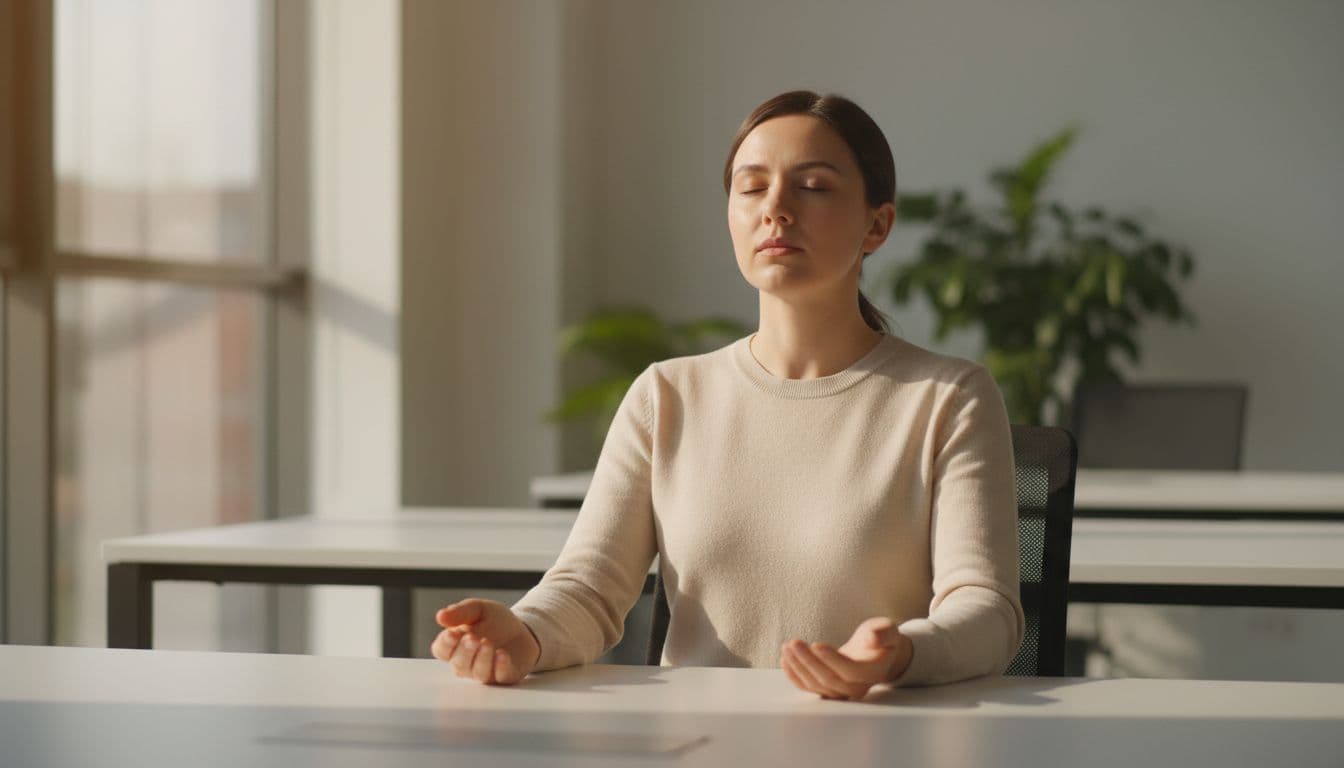 A person seated at a modern office desk breathes deeply with eyes closed and relaxed hands on lap, under soft natural light from a window, in a realistic photographic style.