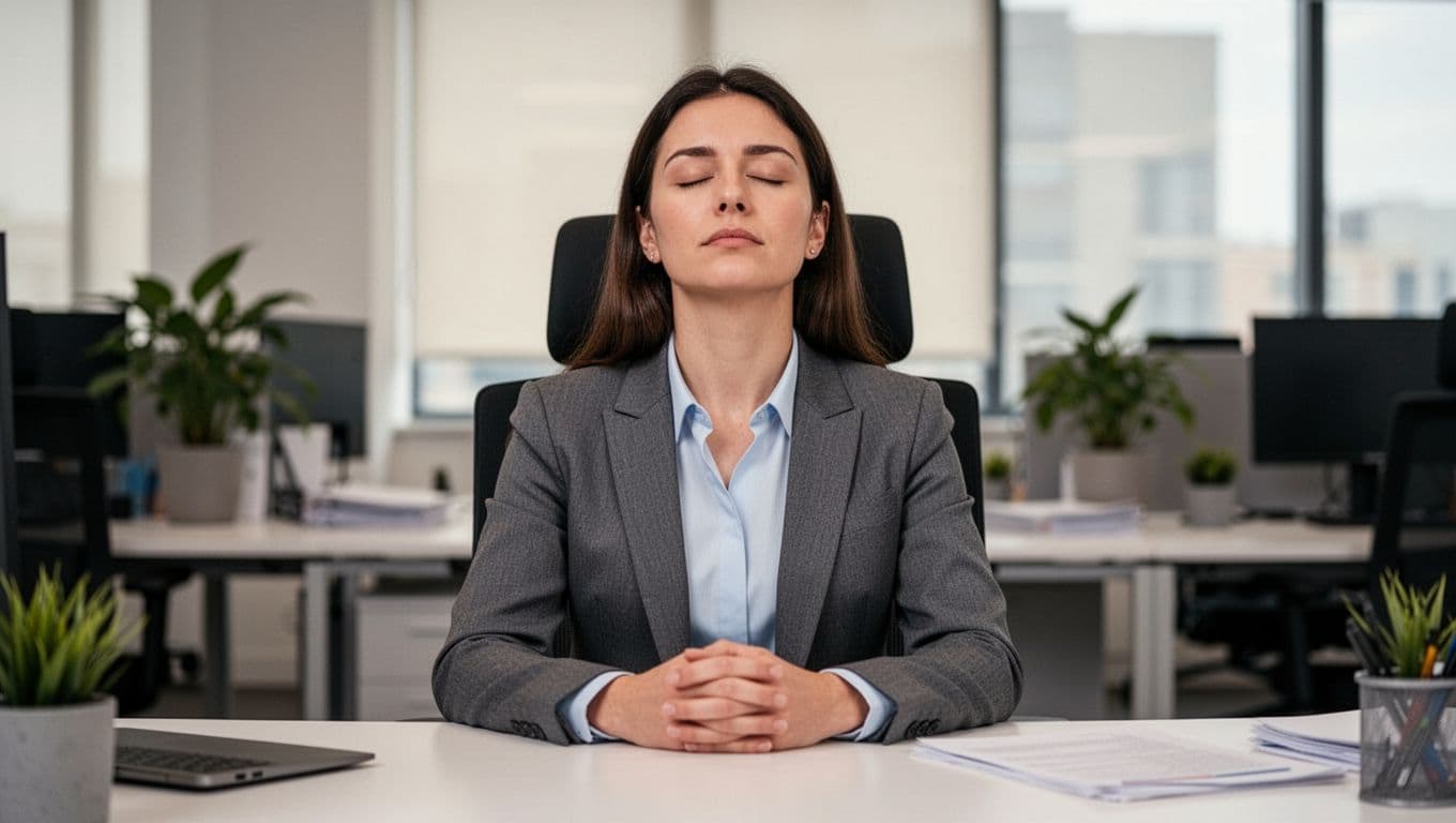 A person sits at an office desk with eyes closed, breathing deeply with relaxed hands in their lap, surrounded by a calm environment with soft lighting in a photorealistic style.