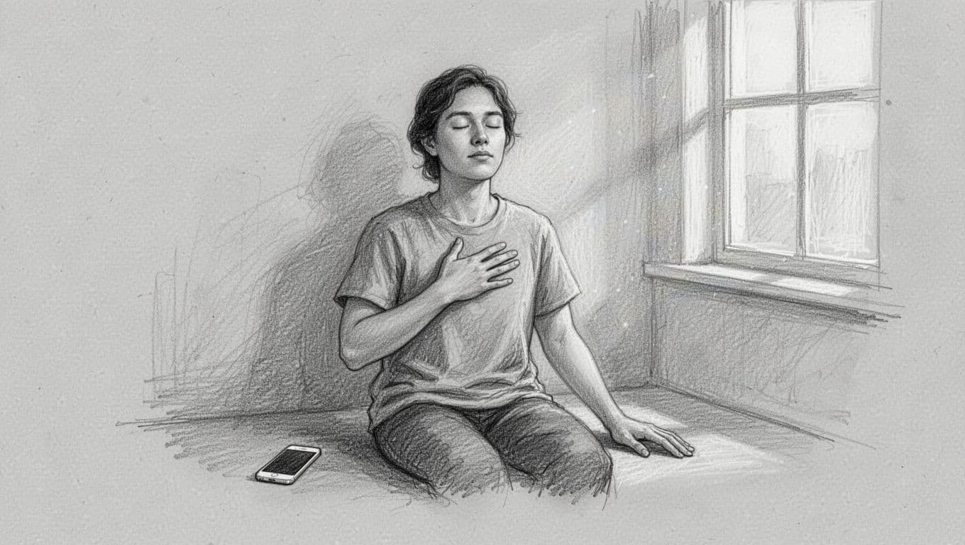 Hand-drawn graphite linework sketch of a person taking a deep breath with eyes closed and hand on chest, phone nearby showing breathing app interface, calm relaxed pose in quiet room on light gray paper.