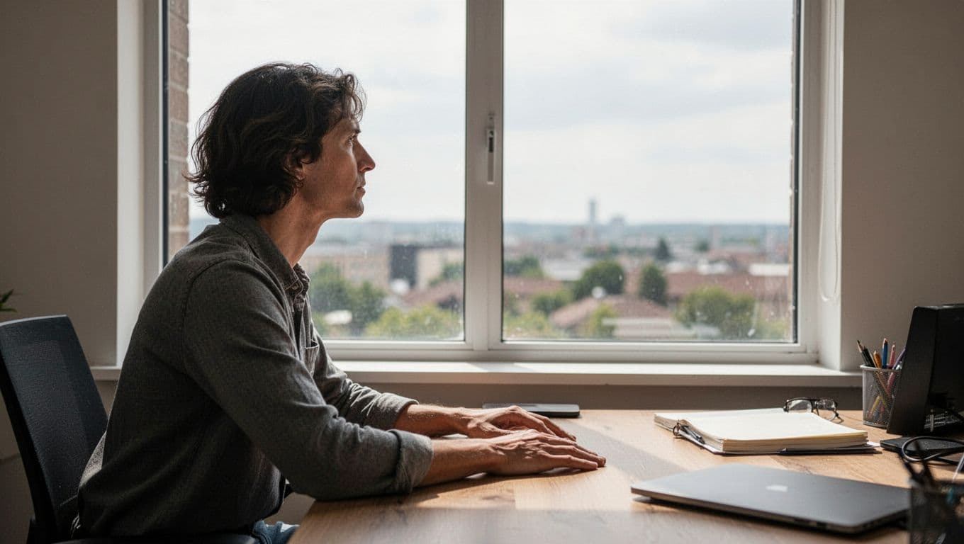 A single person sits relaxed at their desk with hands resting, gazing out the window in natural light for an eye break from screen time. Realistic photographic style with no text or logos.