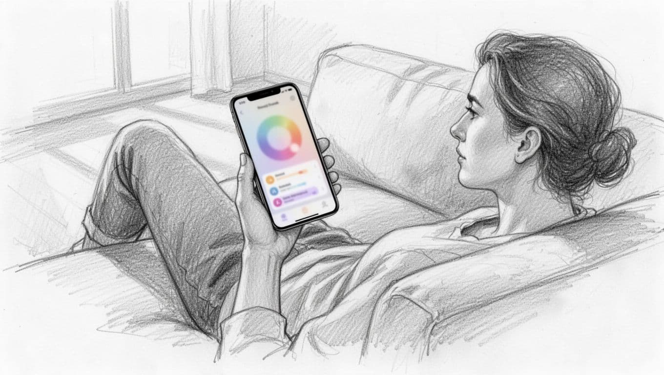 Hand-drawn graphite sketch of a relaxed person on a couch holding a smartphone angled to show the open Pausa breathwork app, with a slightly blurred mood tracker in the background on clean white paper.