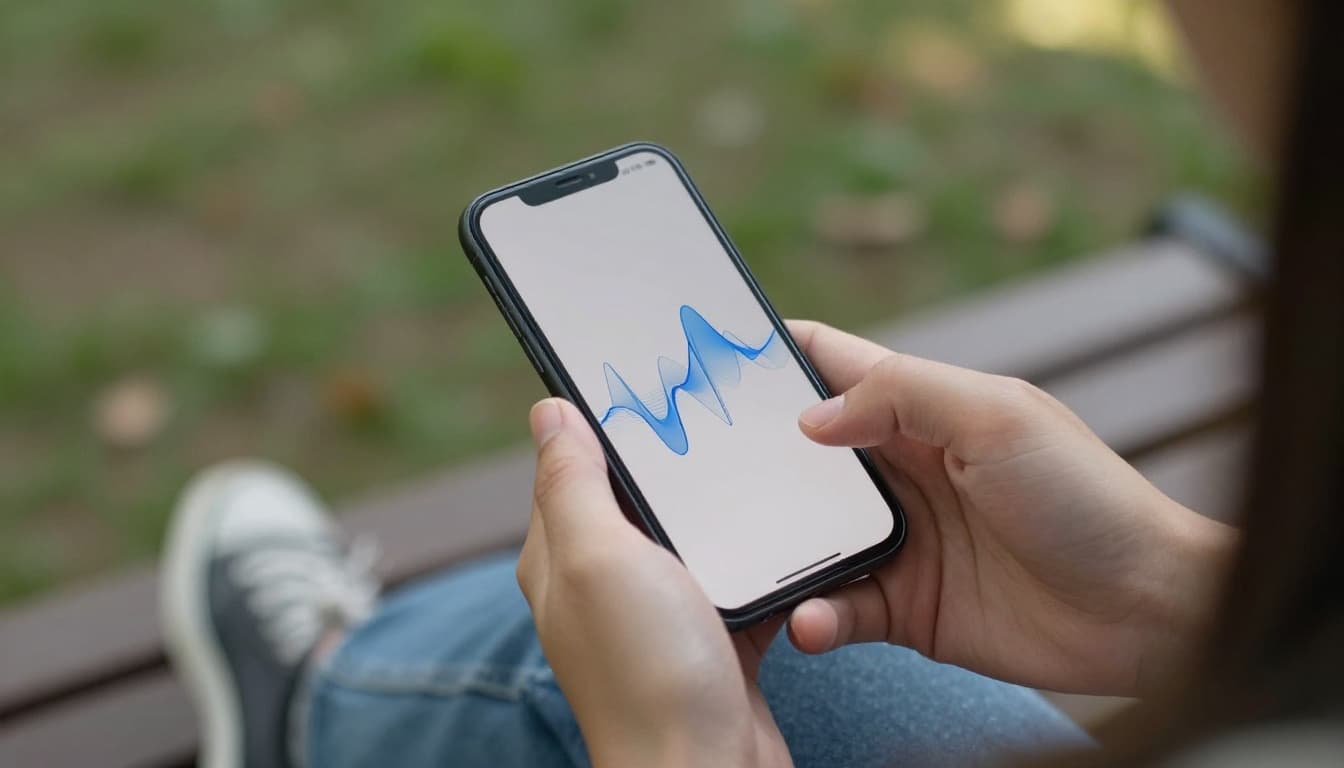 A single person in casual business attire holds a smartphone with both hands on a park bench near an office during a work break, relaxed in soft afternoon light. The screen shows abstract gently pulsing blue breathing animation waves at an unreadable angle, realistic photo with no extra text, UI, or logos.