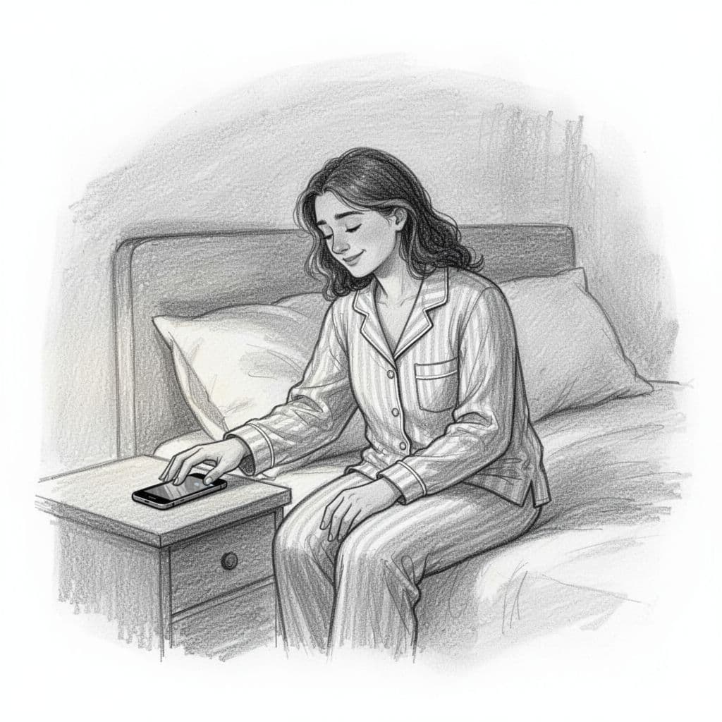 Hand-drawn graphite sketch of a single person in pajamas gently placing their smartphone face down on a nightstand beside the bed, with a relaxed expression turning towards pillows in dim bedroom lighting, grayscale with light shading on clean white background.