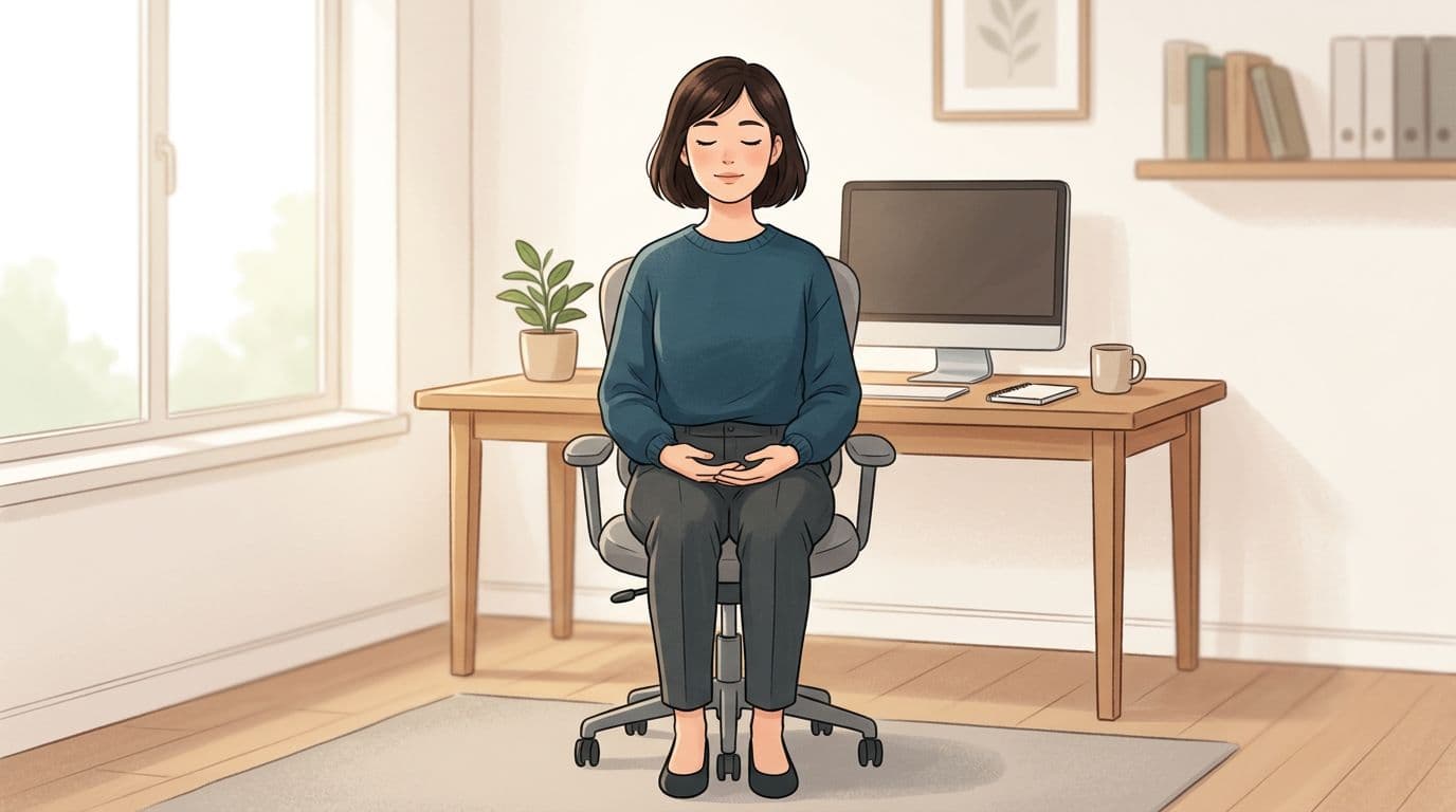 Uma pessoa sentada com calma em uma cadeira de escritório, praticando box breathing com os olhos fechados e as mãos relaxadas no colo.