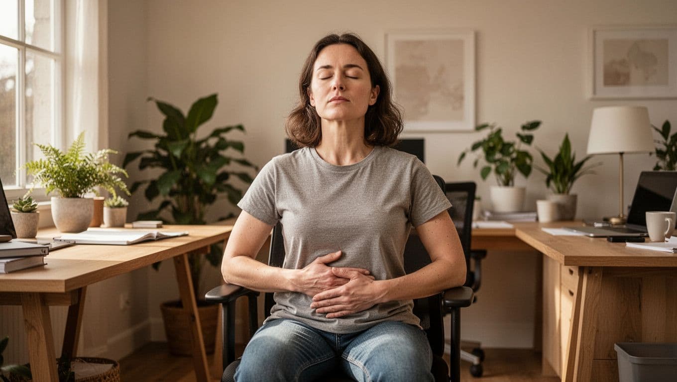 A person sits upright on a chair in a bright home office, eyes closed, one hand resting lightly on the stomach, practicing deep and slow breathwork like box or resonant breathing. Natural daylight from the window, simple background with plants and desk, photorealistic style with warm calming atmosphere, focus on upper body.