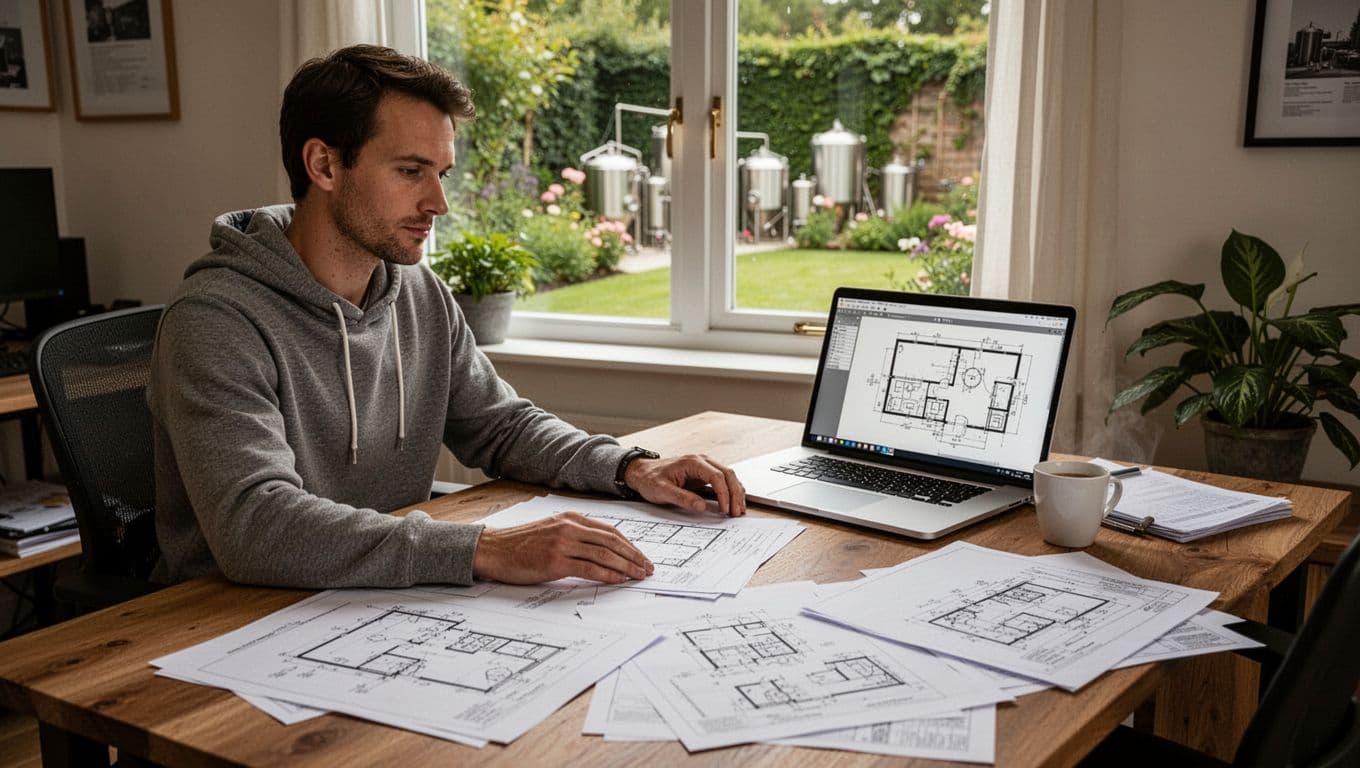 A person sits at a desk in a bright home office with a garden view, examining brewery documents, floor plans on an open laptop, and equipment diagrams on papers. Realistic style with natural lighting, hands resting on the table, no legible text.