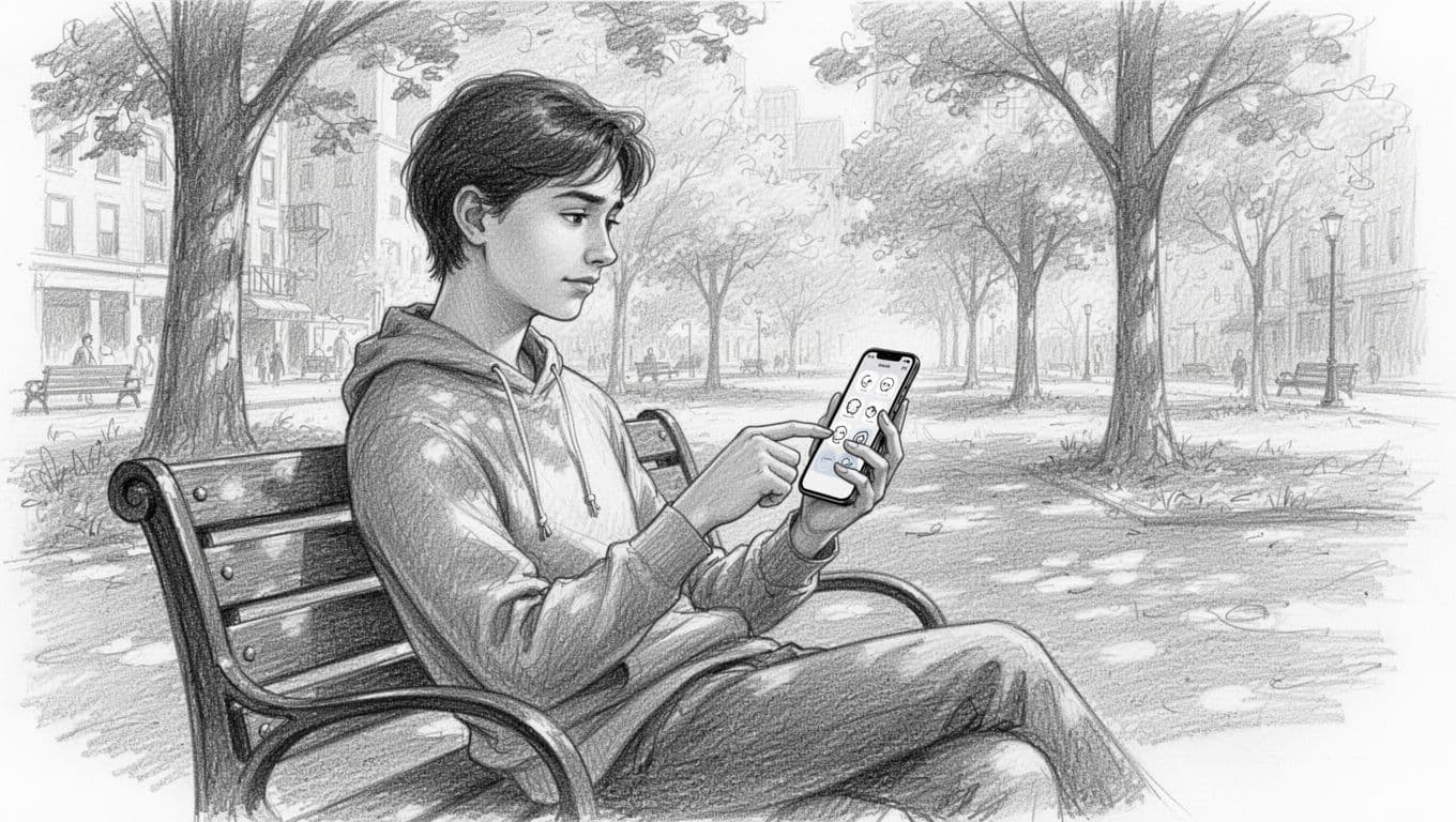 Hand-drawn graphite sketch depicts one person sitting relaxed on an urban park bench during daytime, holding a smartphone at a slight angle to select mood icons on the app interface.