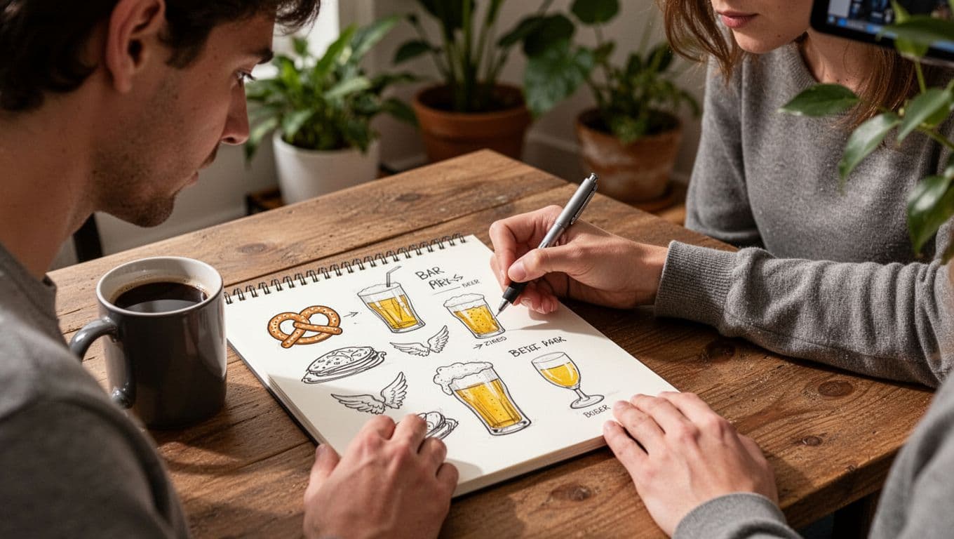 A focused person sketches simple bar menu ideas like pretzels, wings, and beer glasses on a notepad at a wooden table with a coffee mug nearby in a home office setting.