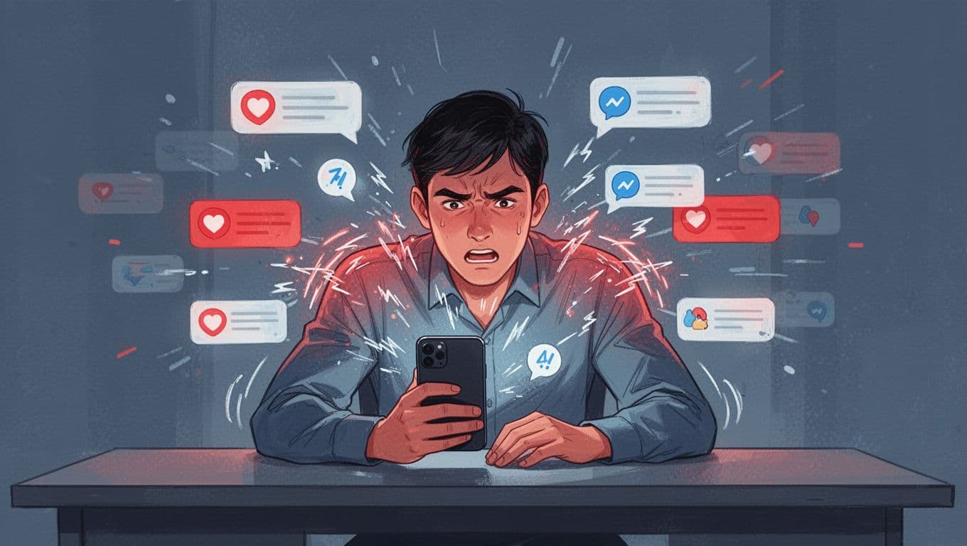 A person at a desk displays tense posture with raised shoulders and short breaths amid buzzing phone notifications everywhere, illustrating the body's physical response to digital stress overload.