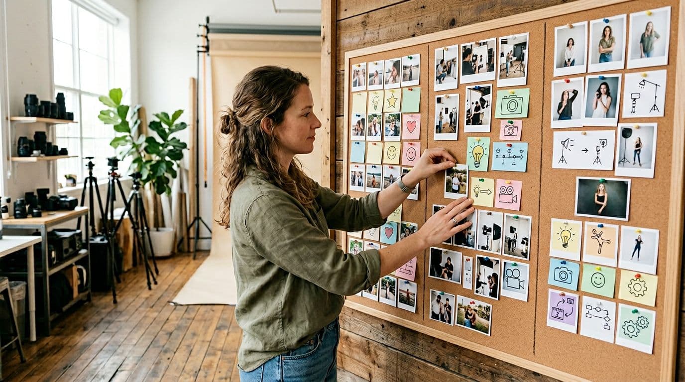 A lone photographer in a bright studio arranges visual content ideas on a corkboard, pinning photos, client testimonials, and tip notes into three sections: proof, process, and guidance, under natural overhead light in a realistic detailed style with no readable text.