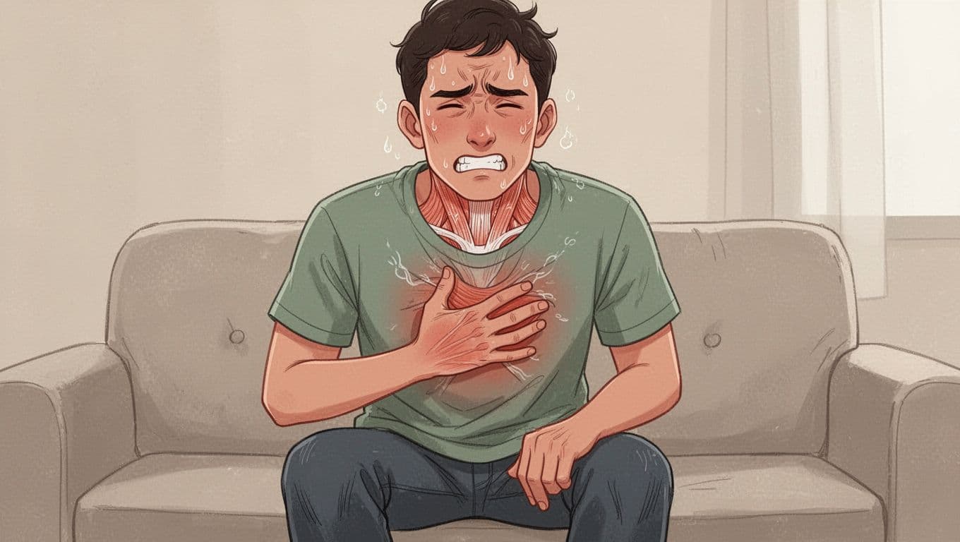 Modern illustration of one person sitting on a comfortable couch in a simple living room, showing visible physical anxiety symptoms: hand on chest, clenched jaw, tense neck muscles, sweaty forehead, hunched shoulders, and fidgety knees.