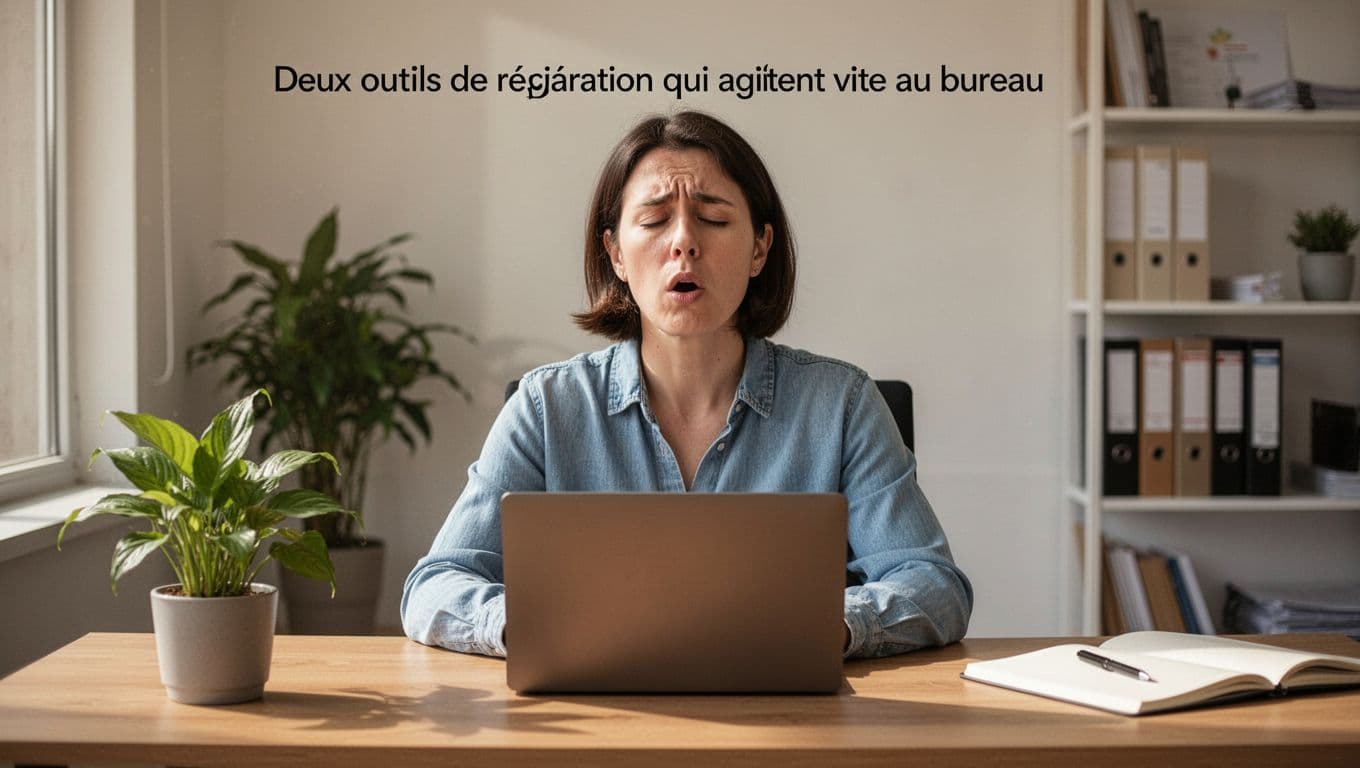A person at a desk in a quiet office demonstrates the physiological sigh with a double inhale through the nose and long slow exhale through the mouth, face relaxing from tense to calm amid a simple workspace with plant and closed laptop.