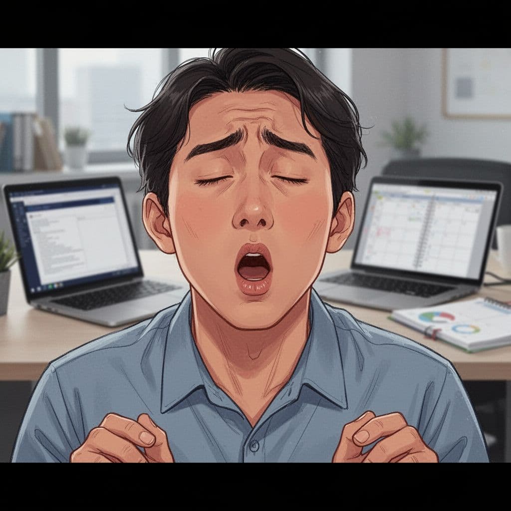 Close-up of a single person in an office environment demonstrating a physiological sigh: quick double nasal inhalation followed by a long oral exhalation, with a relaxed face and dropping shoulders. Blurred background features a laptop and planner, in a realistic illustrative style with soft lighting.
