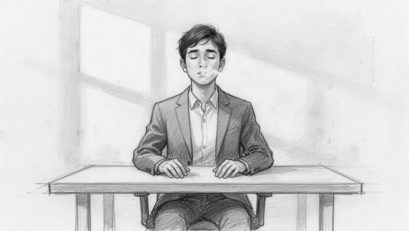 Hand-drawn monochromatic sketch of a young professional at an office desk mid-physiological sigh, capturing the deep inhale with chest expansion and calm expression.
