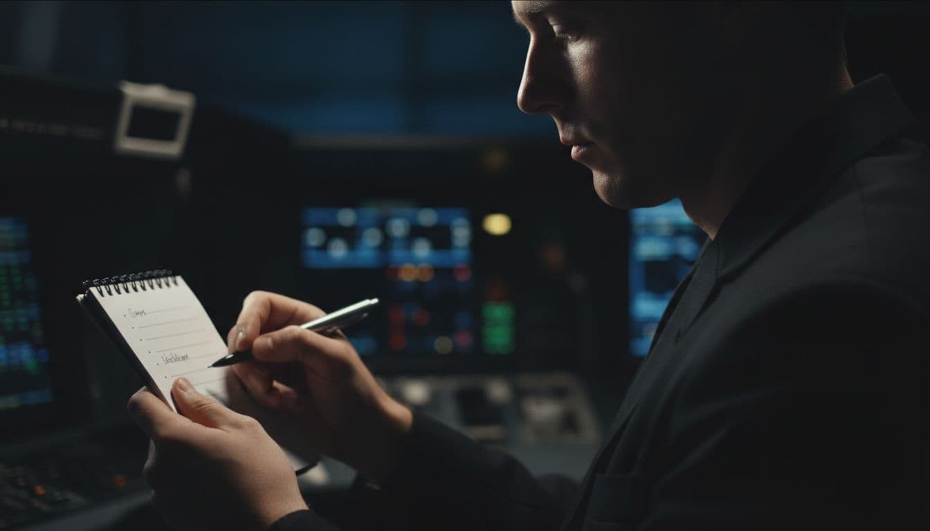 A focused pilot seated in a cockpit reviews a short checklist on a notepad during a high-pressure moment, with simple composition, dim lighting, and realistic professional style.