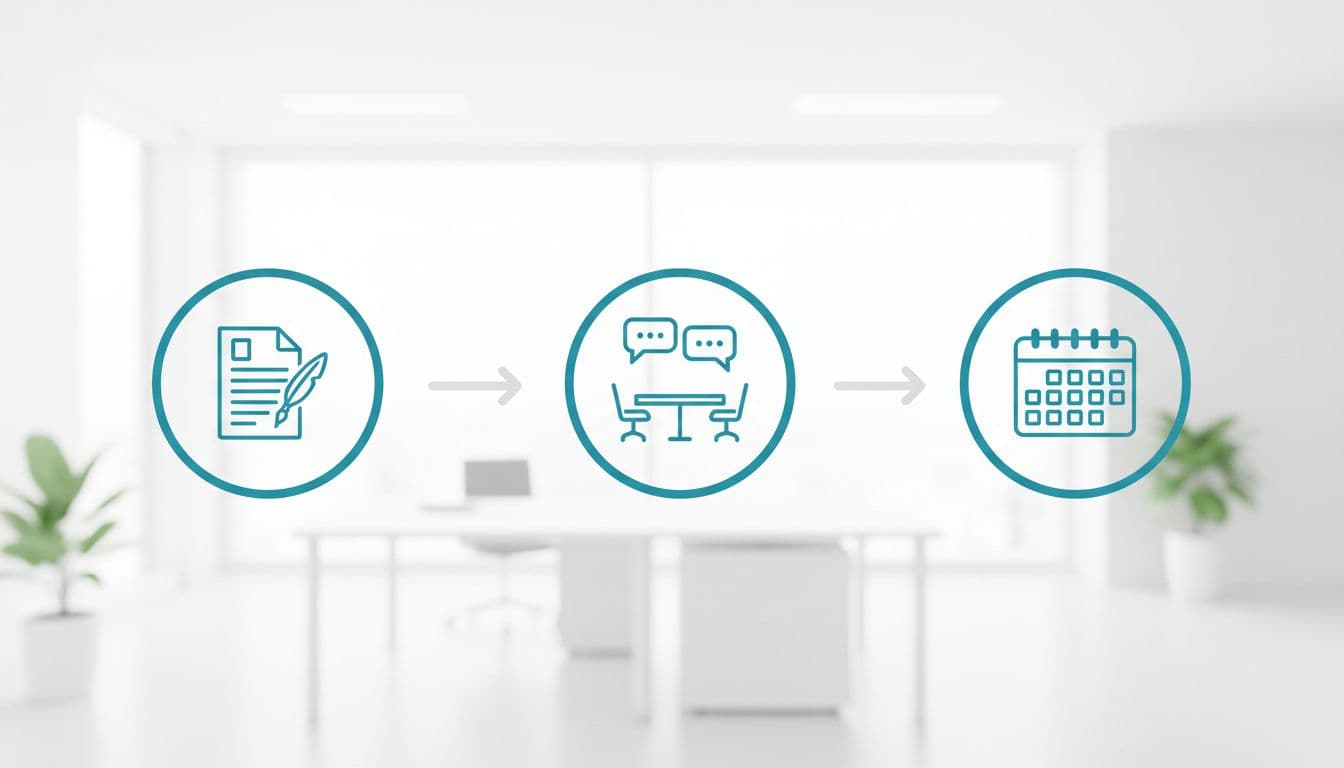 Simple flowchart icons depict document writing, meeting room discussion, and calendar breaks in bright office.