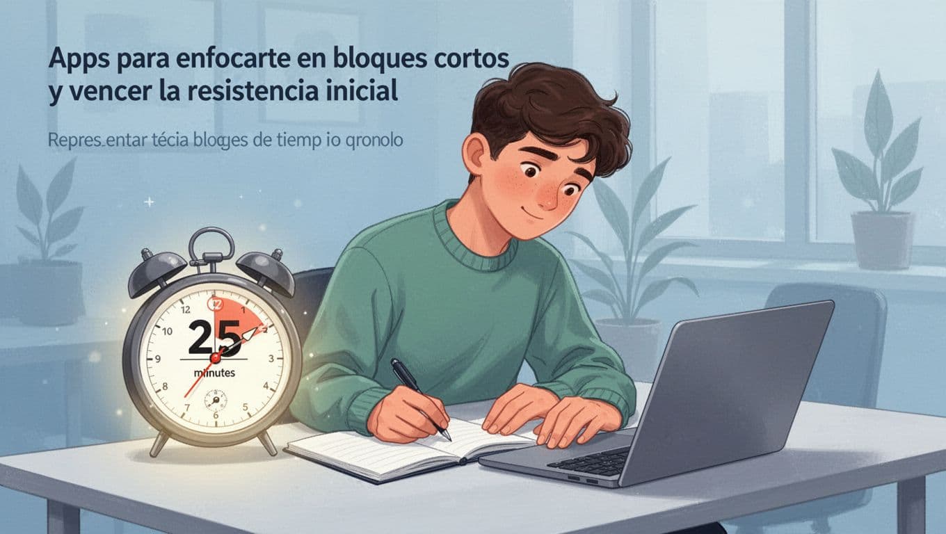 Timer clock showing a 25-minute focus block with gentle glow, young professional working concentrated at desk on notebook and laptop in clean modern illustration style.