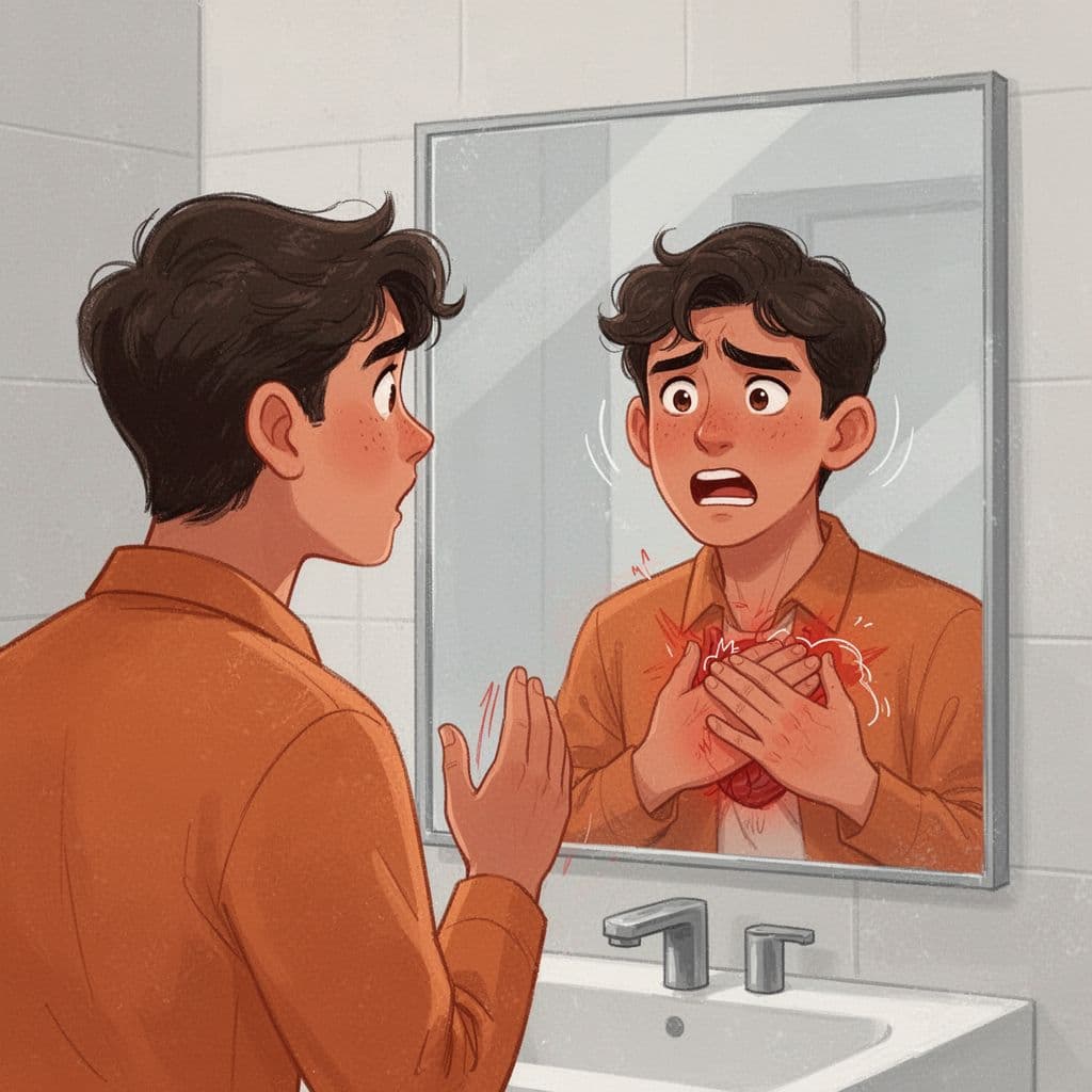 A young professional practices speaking in front of a mirror with a nervous yet determined expression, hand on chest feeling a racing heart, in a modern illustration style with clean shapes and tense orange-neutral tones.