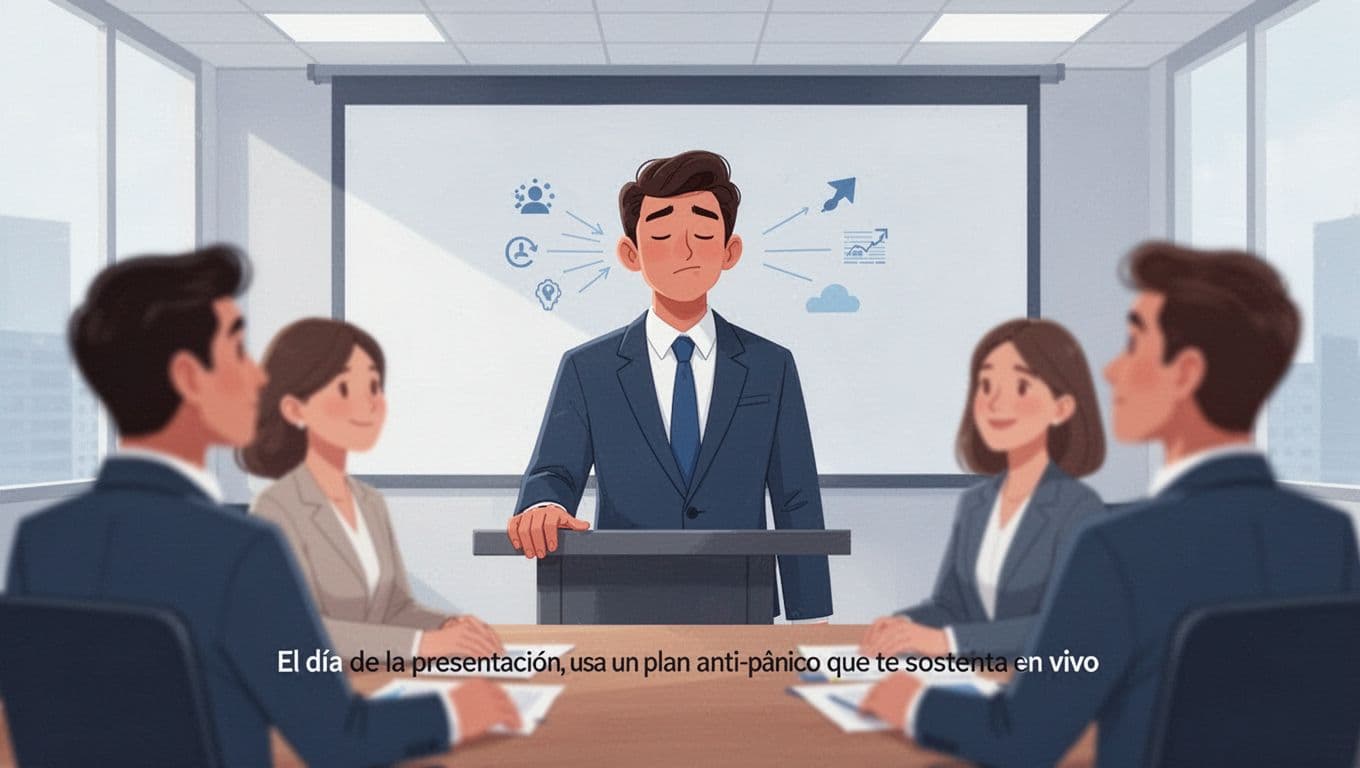 A serene young professional pauses briefly to breathe during a small meeting, hand on podium, with attentive colleagues in a bright conference room. Modern clean illustration featuring defined shapes, balanced blues and neutrals, dynamic composition with one main figure and two blurred listeners.