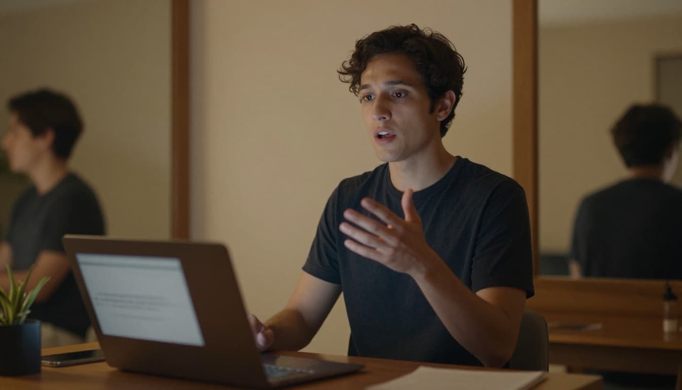 Person practicing presentation opening confidently in front of mirror at home, gesturing naturally with laptop nearby showing blurred slides in cozy room.