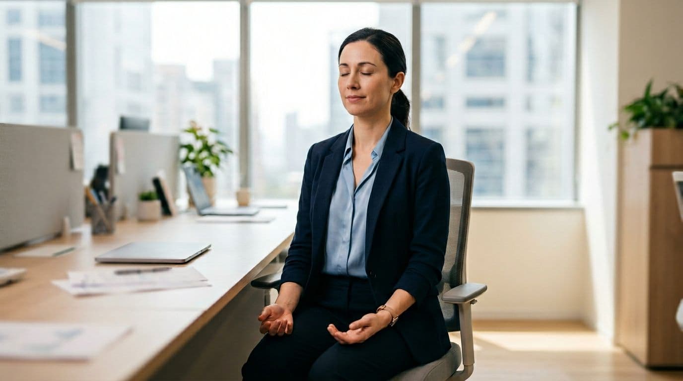A professional in business attire sits tall at a modern office desk practicing box breathing with eyes gently closed, hands relaxed on lap, and a subtle calm expression. Natural daylight from the background window illuminates the scene, with blurred computer and papers on the desk.