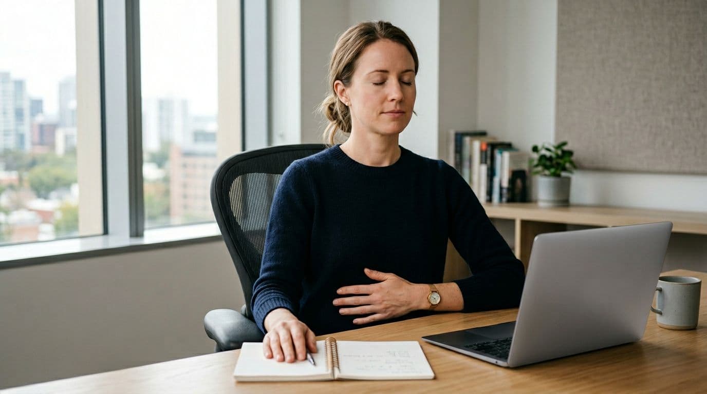 A single professional sits at a minimal office desk practicing box breathing, with one hand gently on the belly, eyes closed in a calm expression, closed laptop and notebook nearby, side window light, realistic style.