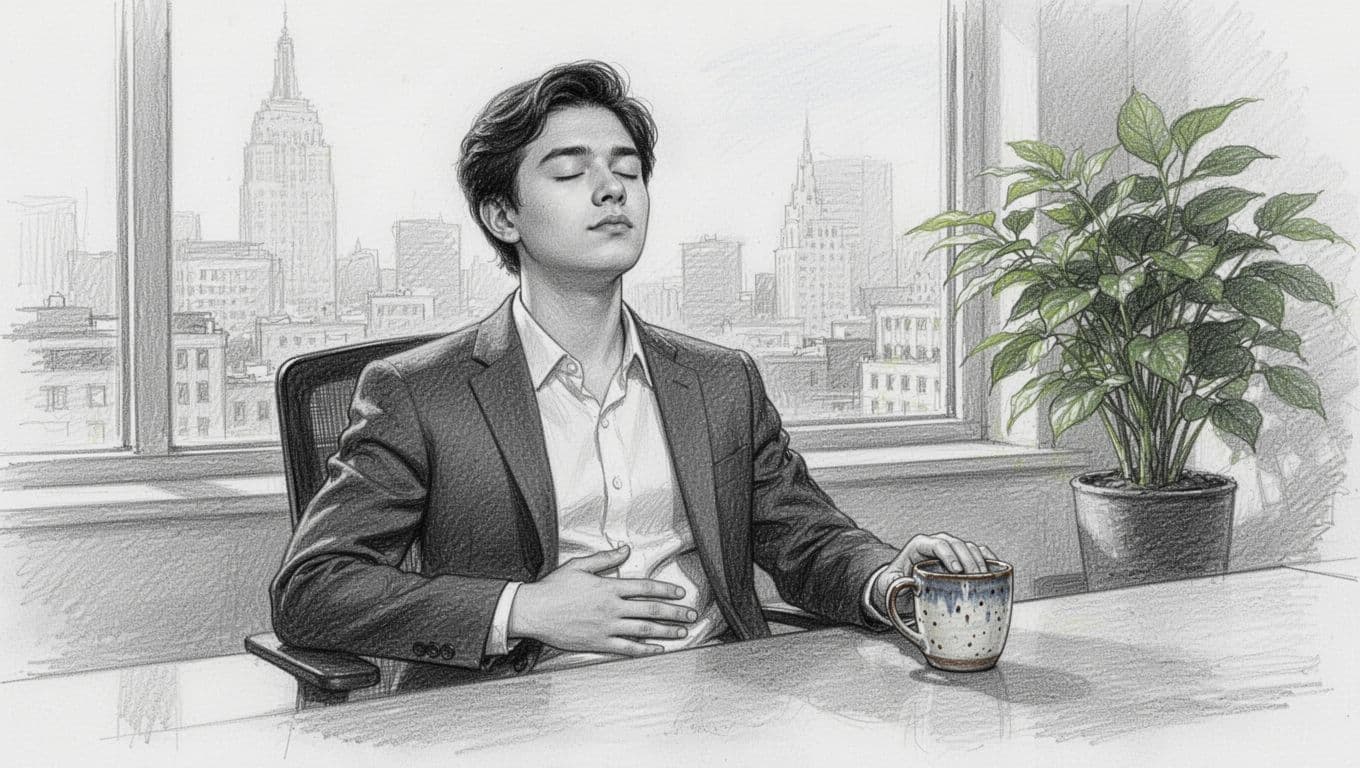 Hand-drawn graphite sketch of a young professional seated at a modern office desk during a break, practicing box breathing with one hand on belly inhaling deeply eyes closed, other hand touching a textured mug, subtle window view and plant in background representing senses.