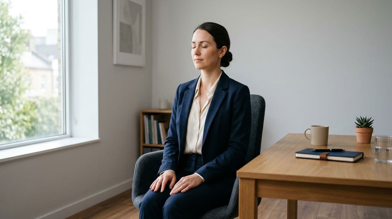 A single calm professional in business attire sits at a simple desk in a minimalist modern office, practicing box breathing with hands relaxed on lap and eyes closed in steady posture. Natural daylight lights the quiet, device-free space.